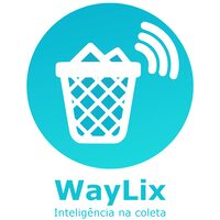 um círculo azul claro com uma lixeira ao centro, ao lado há um sinal de wifi, junto com a logo "Way Lix"