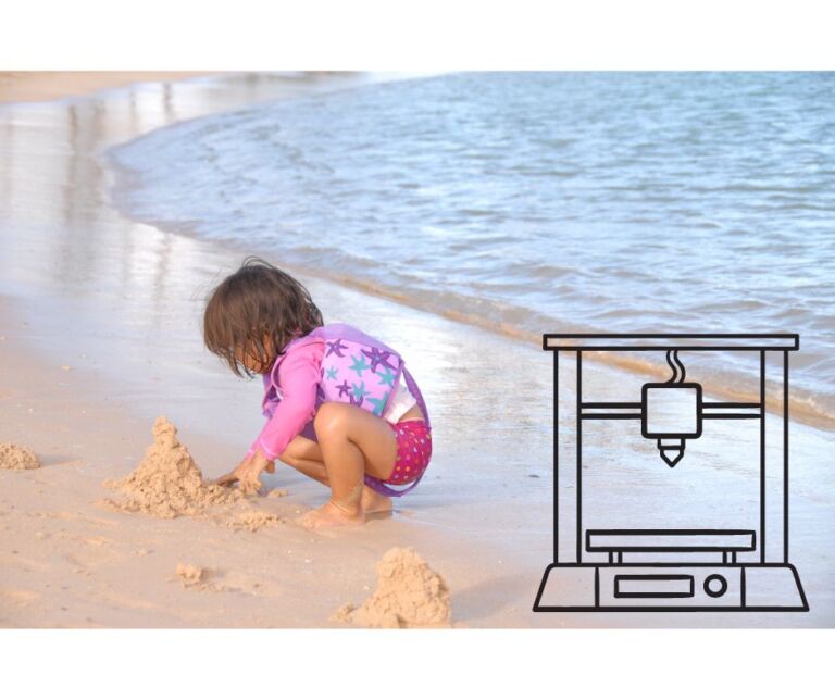 Criança fazendo castelo de areia como impressora 3d