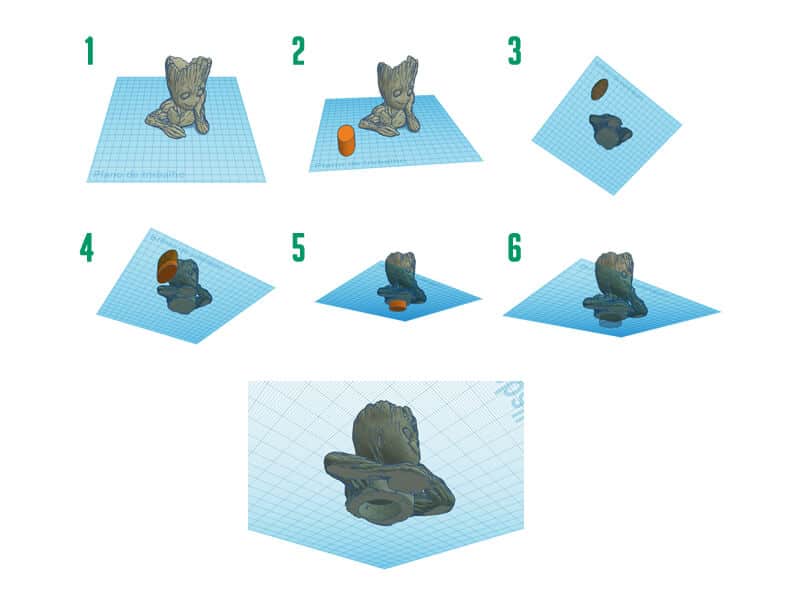 Esta imagem demonstra 6 passos em como criar uma peça 3d oca para aumentar a velocidade de impressão
